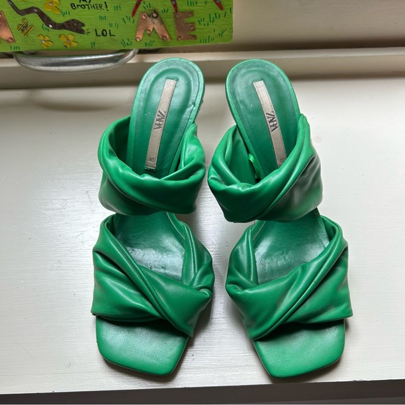 Zara Green Twist Leather Heeled Sandals sz 40 - Picture 2 of 5